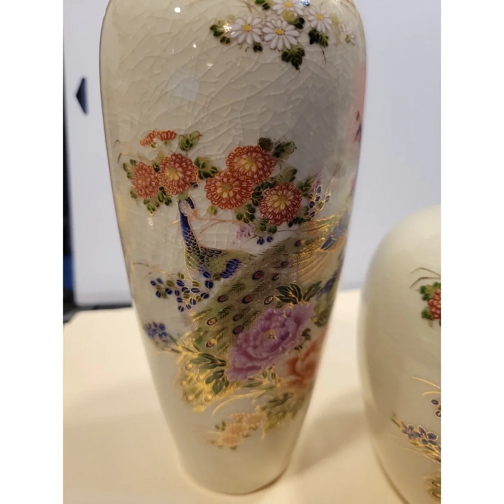 Vintage Crackle Vase Set -2 with Peacock & Floral Design